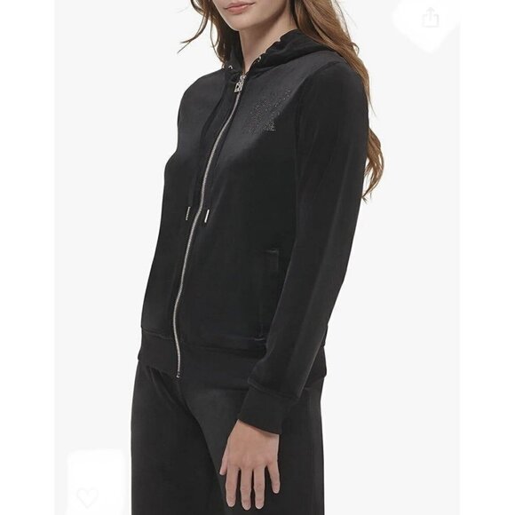 NWT Calvin Klein velvet Hoodie Sweatshirt MEDIUM Black Rhinestone Logo - Picture 3 of 7